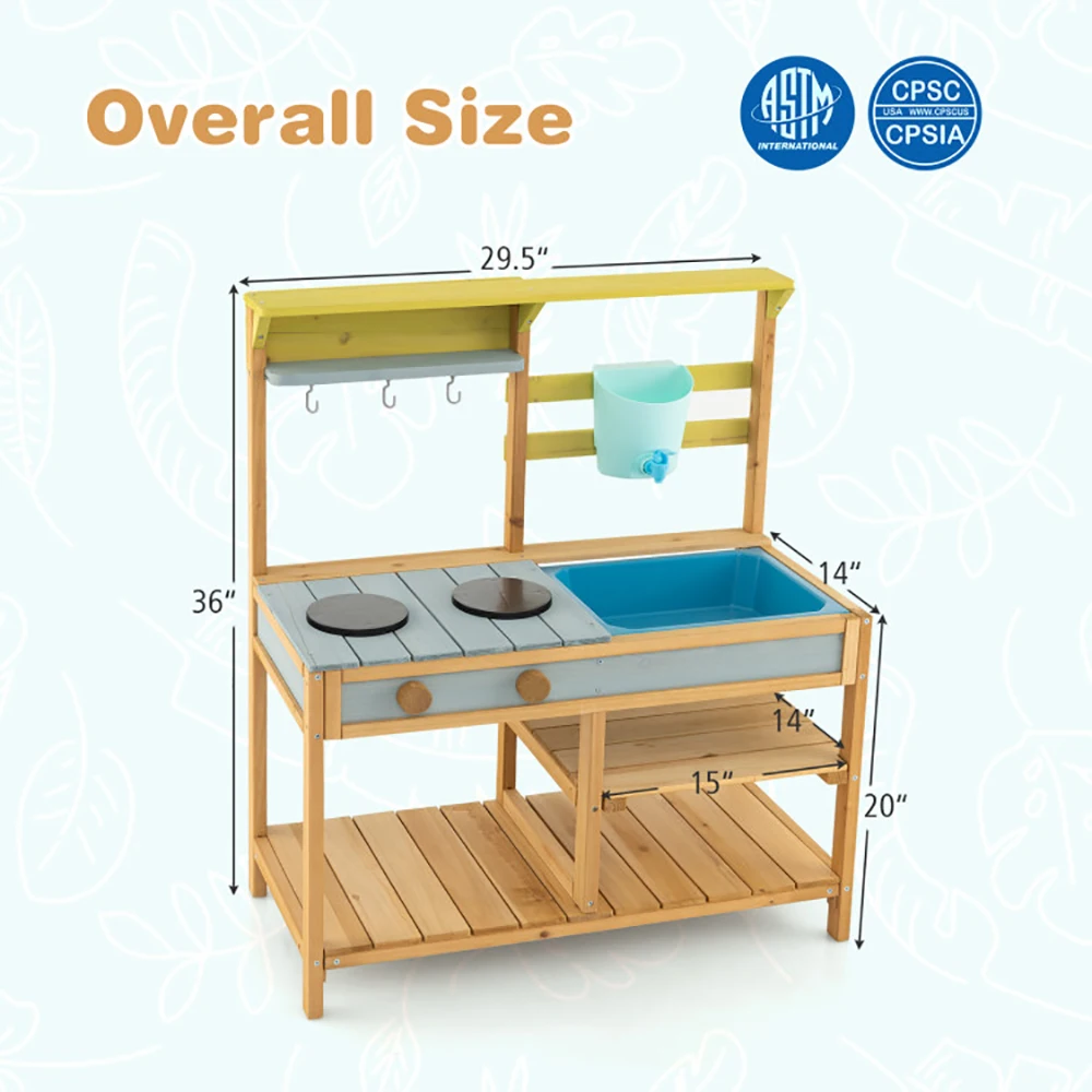 Wooden Kids Play Kitchen Outdoor Mud Kitchen with Removable Sink Water Box & Faucet Stove Top Storage Shelves for Boys Girls 3+