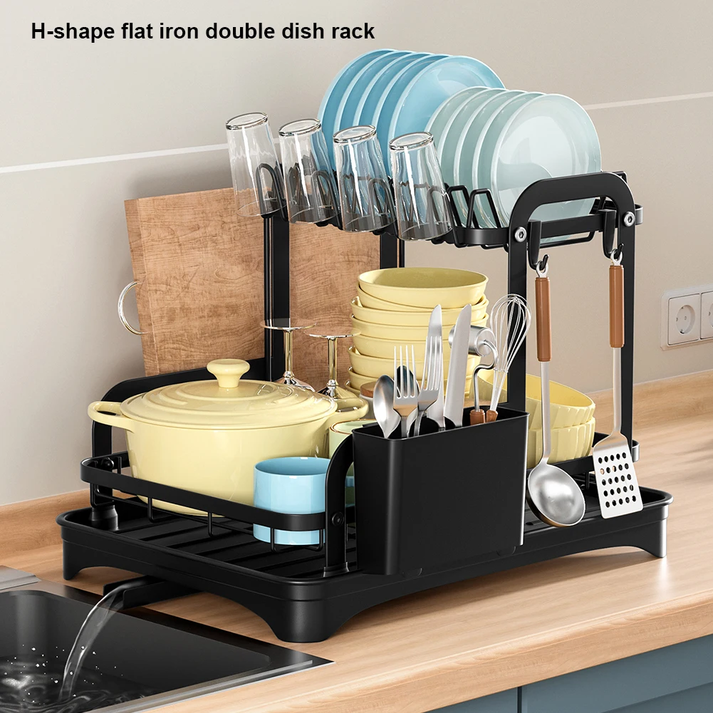 

Double-layer Kitchen Dish Bowl Drying Rack with Drainboard Dish Racks With Chopstick Cage Countertop Dinnerware Organizer