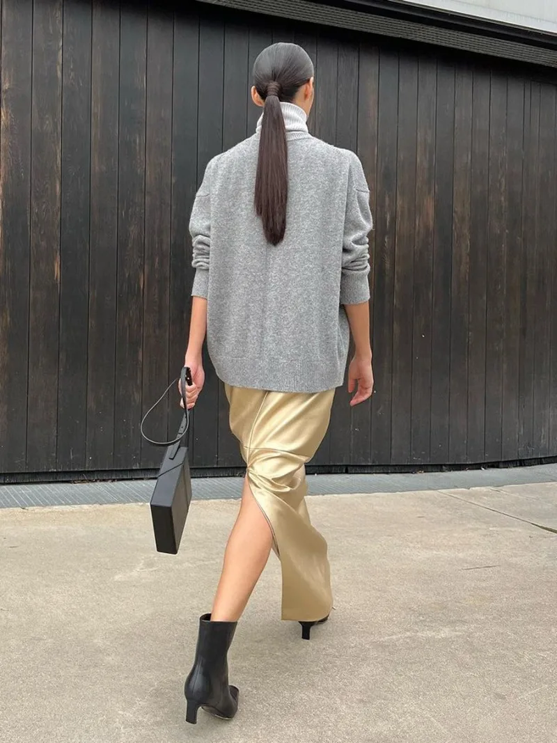 Slit PU Skirts For Women 2025 Spring New Slim Y2K Sheath Skirt Femme Street Solid Casual Fashion Elegant Skirts Womens