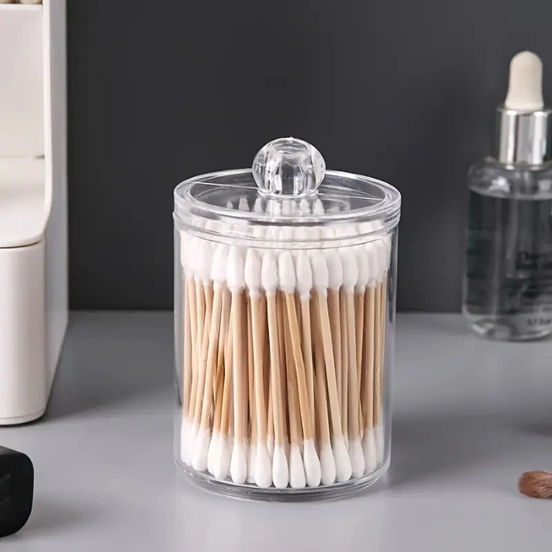 Round Acrylic Makeup Storage Box Two-In-One Transparent Cotton Swab Container with Lids Space-Saving Dispenser for Bathroom 3