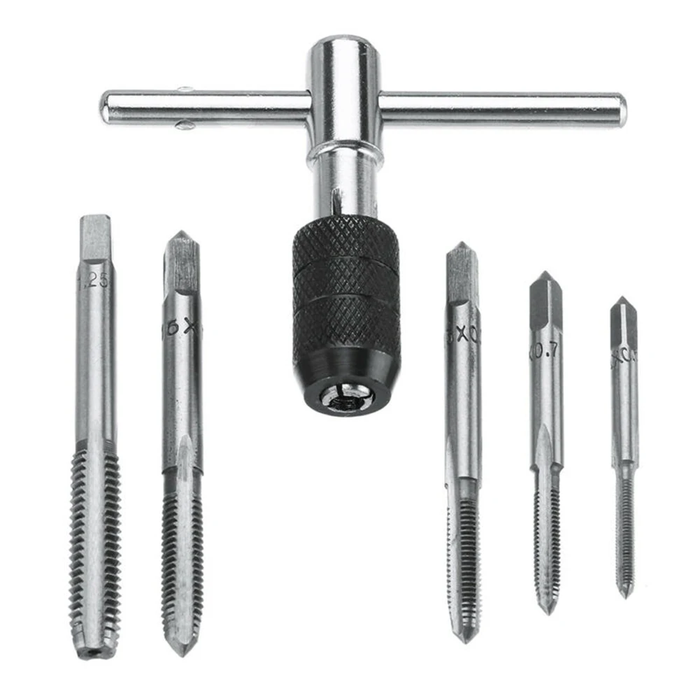 

T-Handle Ratchet Tap Holder Wrench With M3-M8 Tap Drill 6 PCS Die Set Metric Thread Screwdriver T-shaped Tapping Threading Tool