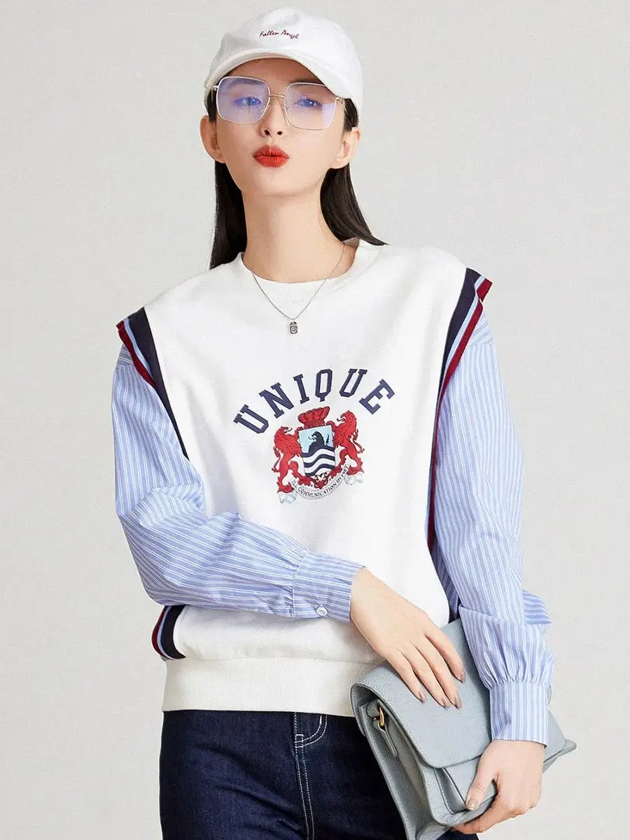 LOUIS YAO Women Sweatshirt Fake Two Pieces 2024 Spring Print Letter Loose Fit Round Neck Long Sleeve Casual Pullover Women's Top