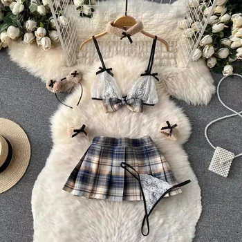 New Hotsweet 5 Pieces Sets Short Skirt Sailor Chic Women's Dress Sexy Pleated Suits Lace Bra Brief Plaid Mini Skirt Preppy  Ins 1
