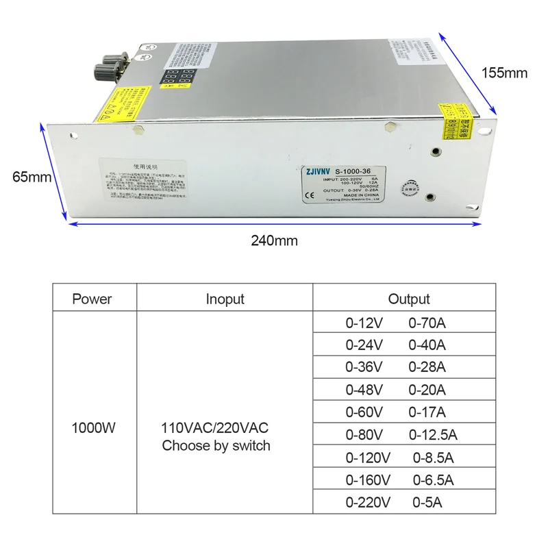  Fuente de alimentación conmutada Voltaje ajustable DC 5V 12V  24V 36V 48V 60V 80V 120V 160V 220V 480W Fuente de alimentación  Transformador 110/220VAC (0-12V 40A) : Electrónica