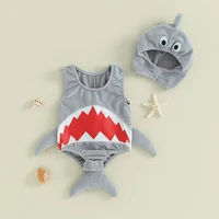 Halloween Baby Shark Costume Rompers Infant Boys Girls Mouth Print Sleeveless Bodysuit with Hat 1