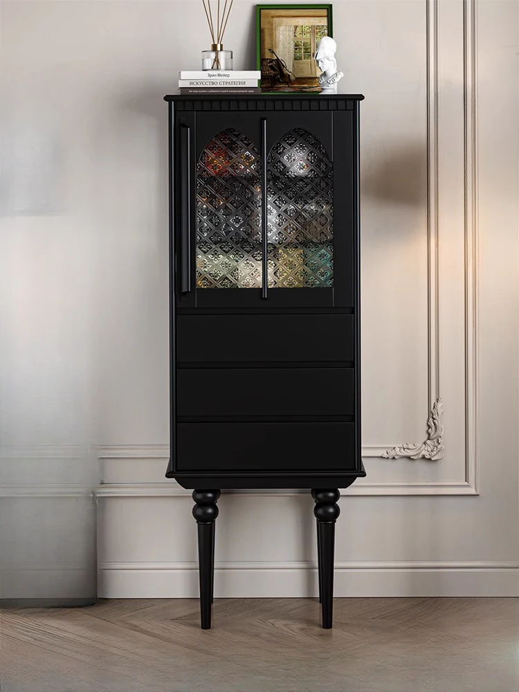 

Vintage Solid Wood Wine Cabinet Glass Door Induction Lamp Display Cabinet Living Room Wall High-Grade Dining Room