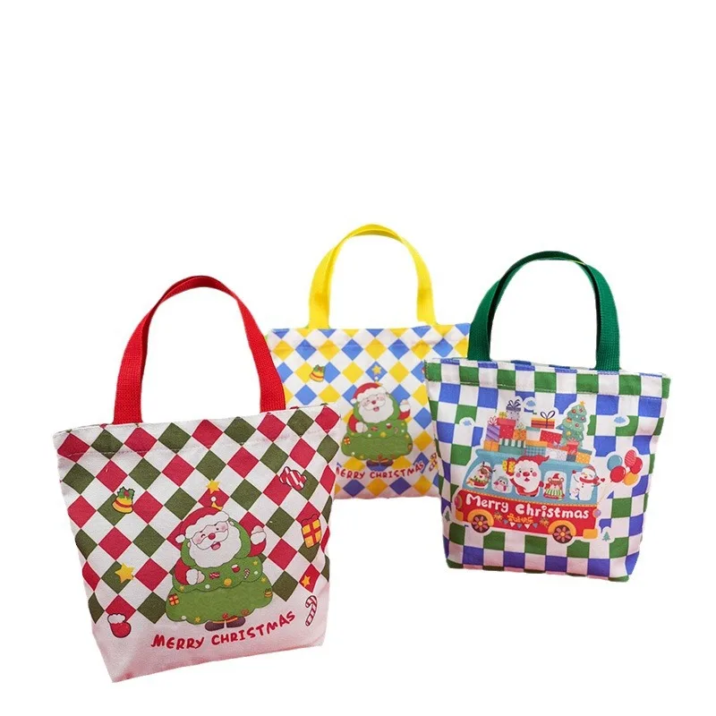 Cartoon Christmas Gift Bag Santa Claus Plaid Canvas Tote Bag Christmas Eve Apples Gift Box Handbag Large Capacity Shopping Bag