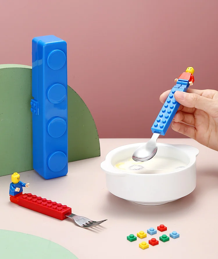 Stainless Steel Kids Building Block Fork and Spoon Set with Portable Storage