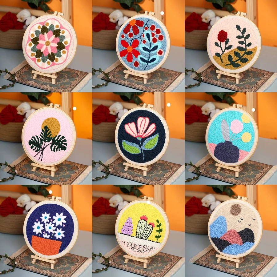 

DIY Punch Needle Kit Flower Cactus Plant Pattern Embroidery Poke Cross Stitch Wool Yarn Needle For Beginner Women Handmade Gift