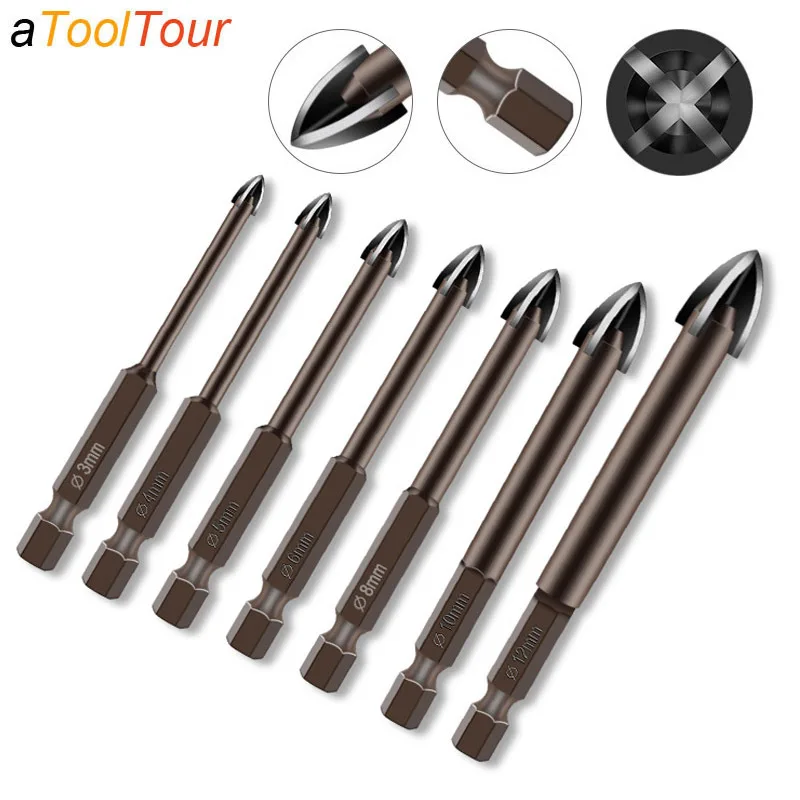 Tungsten Carbide Glass Drill Bit Set Alloy Carbide Point with 4 Cutting Edges Tile & Glass Cross Spear Head Drill Bits Set Tool