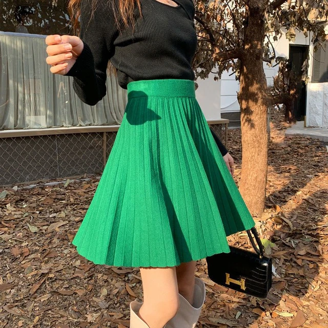 Falda plisada de punto mujer, corta de cintura alta, color verde, Beige y negro, estilo coreano, Primavera, Otoño e Invierno - AliExpress Mobile