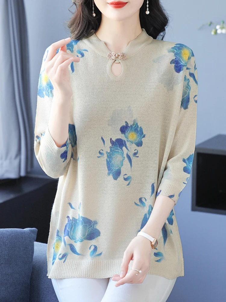 

Летняя вязаная футболка с принтом в китайском стиле, женский свитер, пуловеры, одежда для женщин, футболки, топ, женская футболка с коротким рукавом