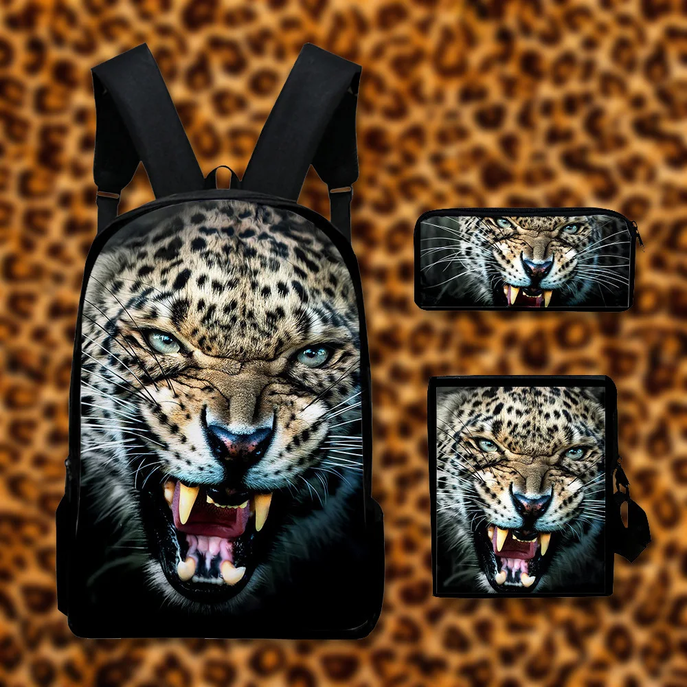Classic Novelty Animals Leopard 3D Print 3pcs/Set pupil School Bags Laptop Daypack Backpack Inclined shoulder bag Pencil Case