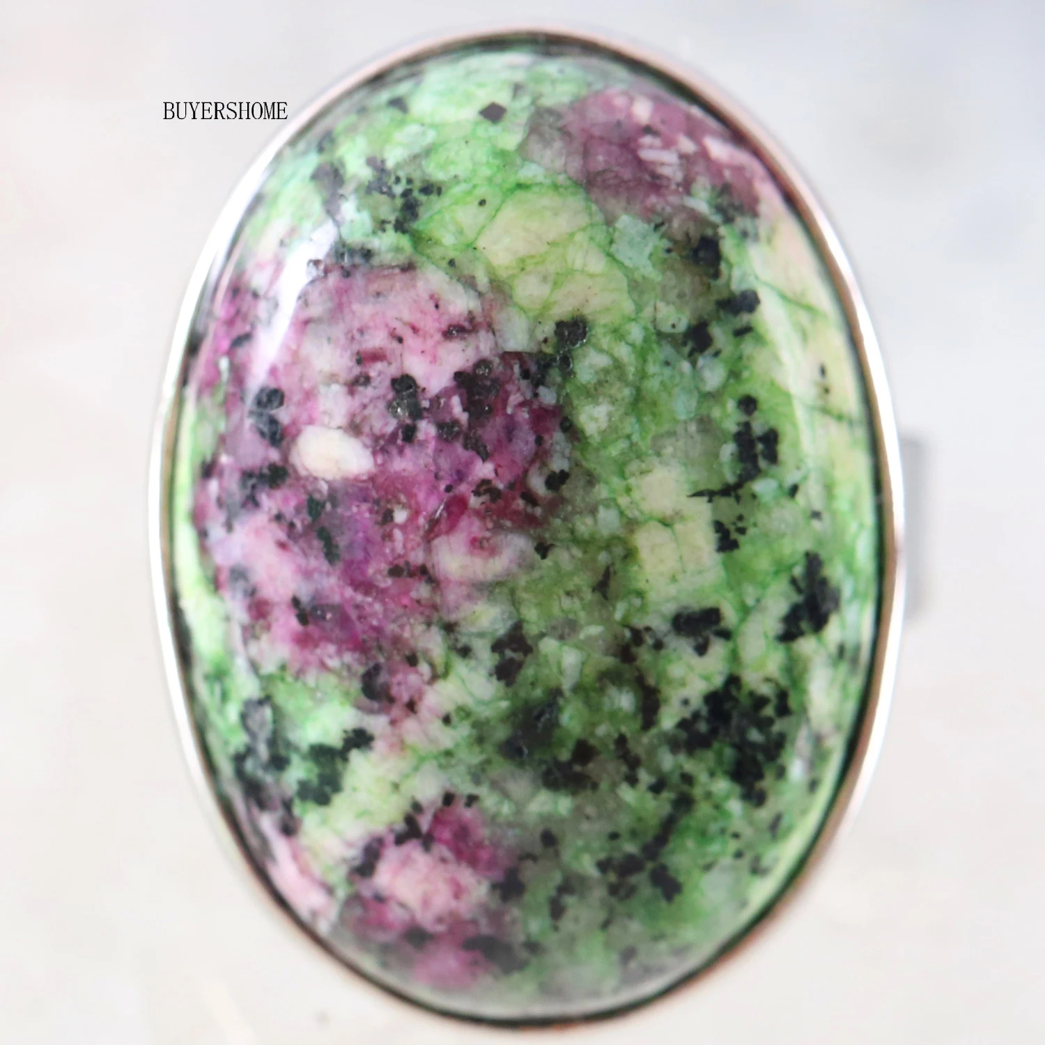 thumbnail image 1 of Anillo de dedo de cristal rosa con piedra natural, cabujón ovalado CAB, ópalo blanco, rodonita, malaquita, ónix, anillo ajustable para mujer y hombre, 1 of 5