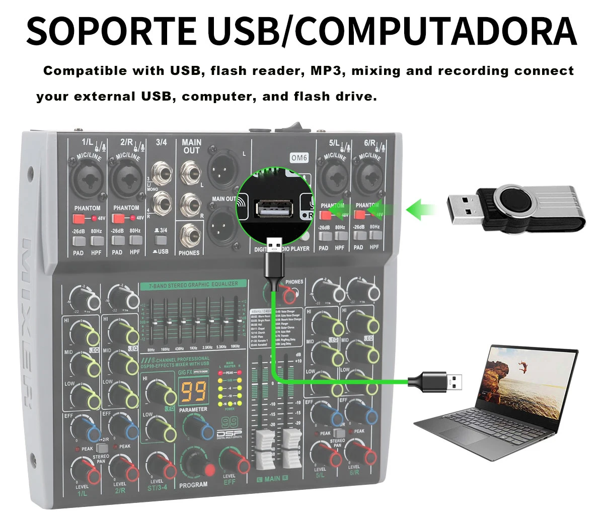 XTUGA OM6 프로페셔널 오디오 믹서 6채널 99 DSP 이펙트 믹싱 콘솔 (블루투스, USB 레코딩, 비디오 및 조명 기능 포함)