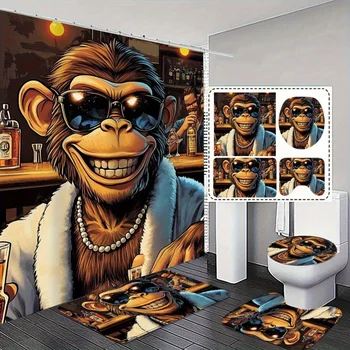 ชุดห้องน้ำธีมลิงสุดเท่ 4 ชิ้น - ม่านอาบน้ำ พรมกันลื่น และฝาครอบฝาชักโครก - ของตกแต่งที่สนุกสนานและมีสไตล์ 1