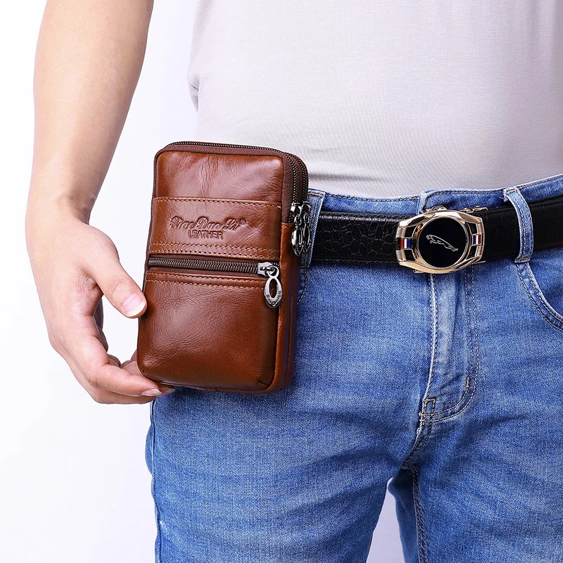 

Men's leather mobile phone headband cow leather mobile phone waist bag wearing belt mini waist bag certificate small bag men