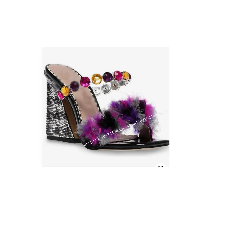 

Сандалии на танкетке с мехом и кристаллами, модные пикантные туфли без застежек, открытый носок, разные цвета, новый стиль, летняя обувь для женщин