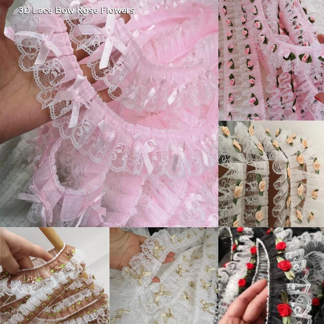 150cm Pink Chiffon Ruffle Lace Trim 3 Layer Pleated Ribbon DIY Sewing Craft  for sale online