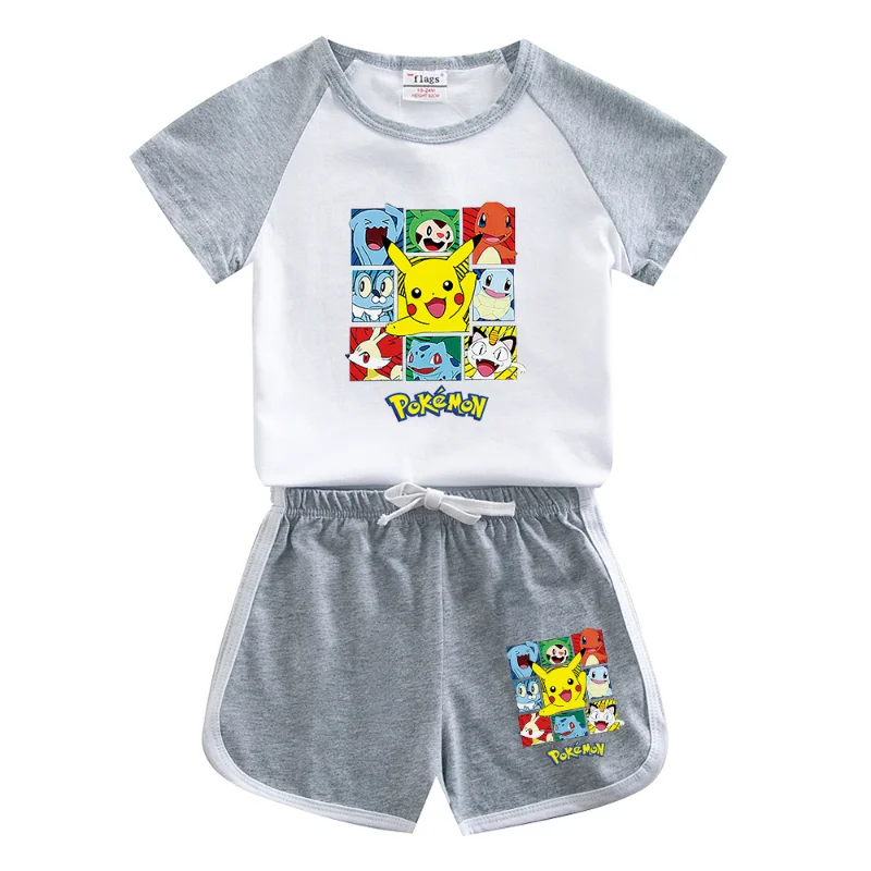 thumbnail image 1 of Nueva ropa para niños de Pokemon, figura de dibujos animados de Pikachu, pantalones cortos 100% de algodón, conjunto de manga corta, regalos de cumpleaños para niños, 1 of 4