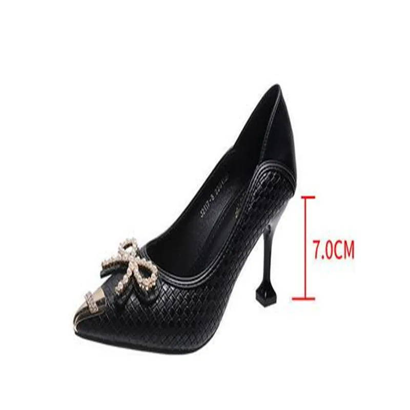 White Shoes Striped Plaid Pointed Toe Stiletto Bow Fashion Pure Desire Nightclub Professional Wear Rhinestone High-heeled 5-7cm