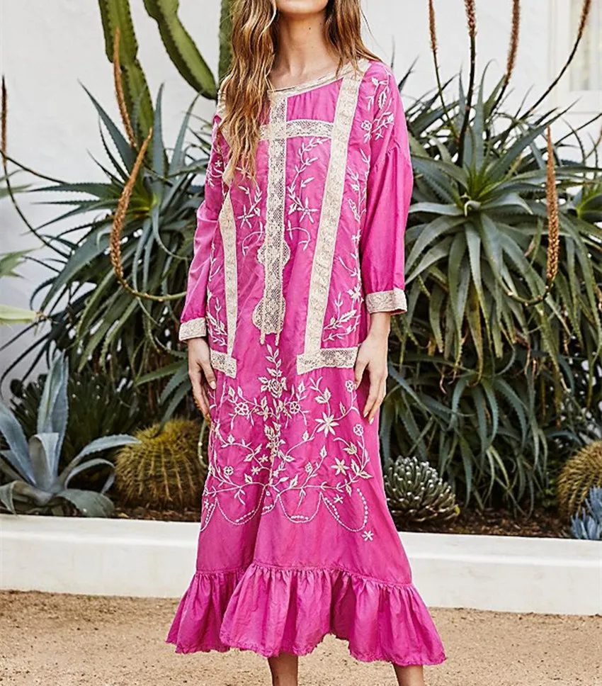 

Bohemian Holiday Maxi Summer Dress Runway Women O Neck Flower Embroidery Hollow Out Lace Trimed Loose Waist Ruffles Long Dresses