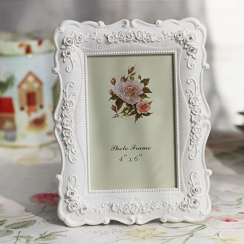 6/7/8inch Retro White Photo Frame European Style Resin Rose Flower Poster Picture Frame Stand Home Office Tabletop Decoration