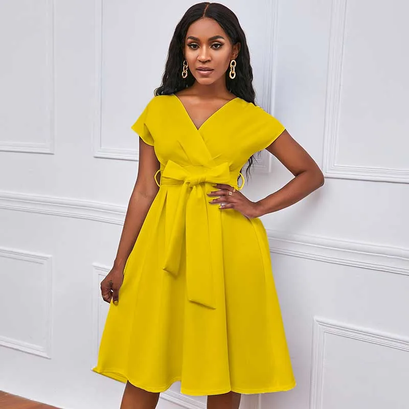 african fashion style Women V Neck Dress 2022 Summer Yellow Pleated A Line Waist Belt Fashion Female African Daily Evening Party Elegant Robe Vestidos african pants