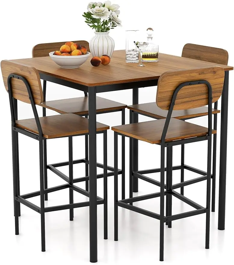 

5pc Dining Table Set,Counter Height Table & 4 Bar Stools,Industrial Kitchen Table Set w/Footrest & Backrest,Multiple Colors