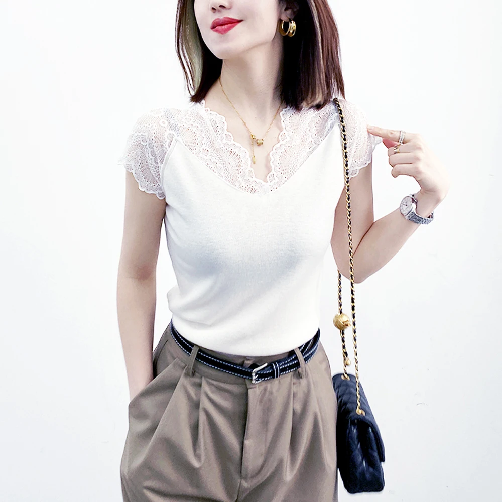 

New Floral Lace Collar Short Sleeve Women Blouse Knitting Panel Lace Shirt S-3XL Size Tops Fashion Ladies Blouses Black White