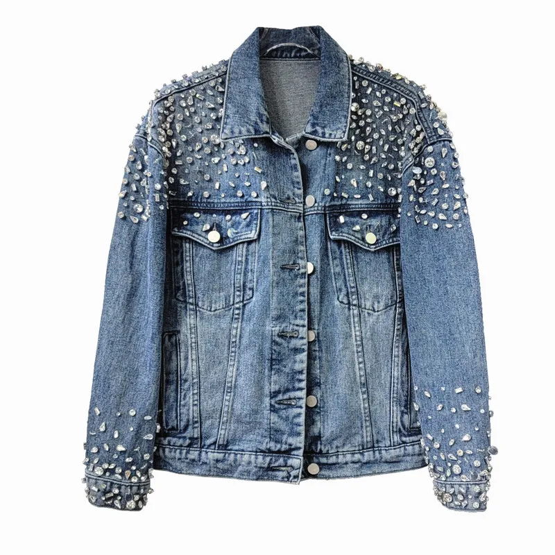 

2024 Spring Autumn New Loose Heavy Industry Nailed Diamond Personalized Blue Denim Coat Women Full Sleeve Jacket LX035