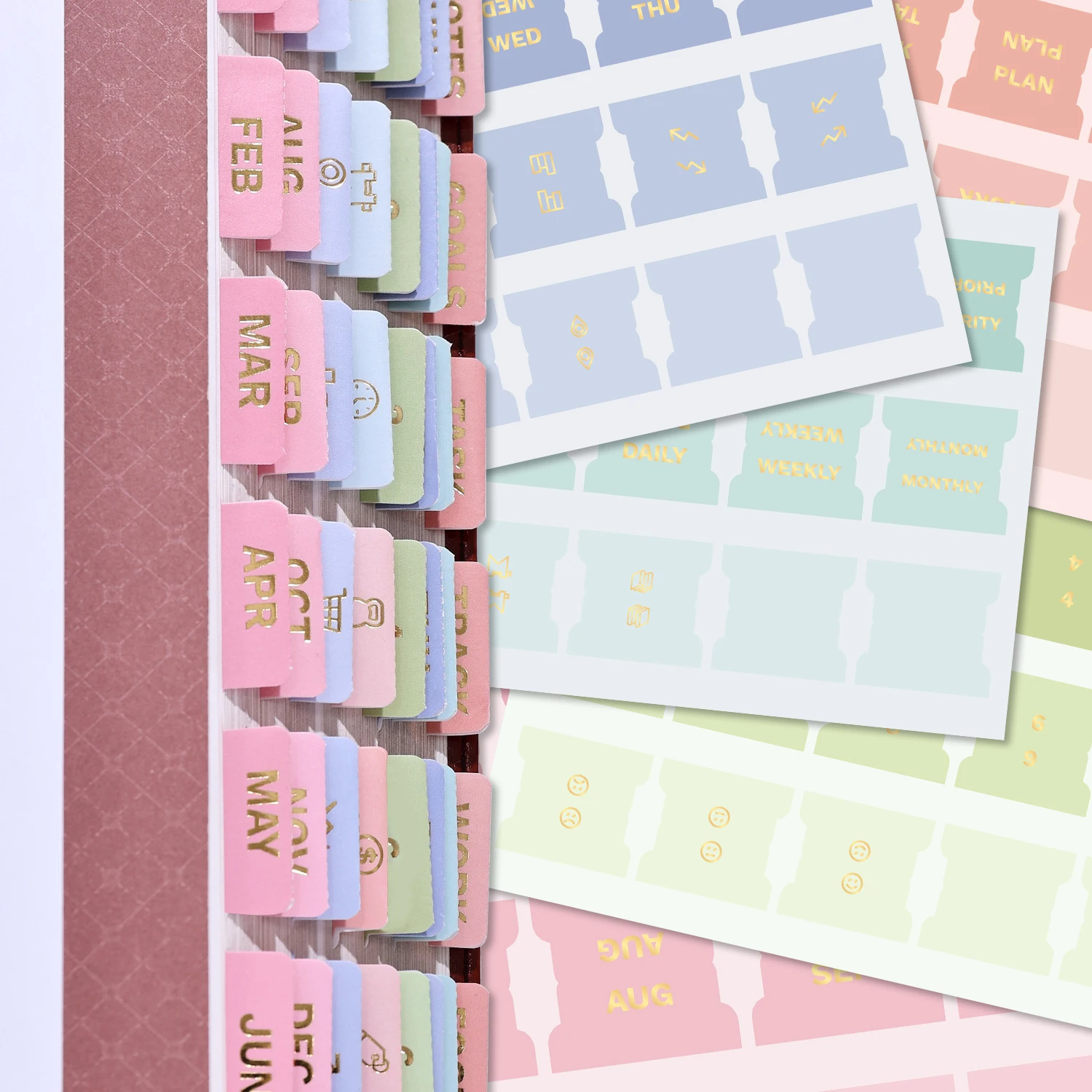 105 Separatori per Planner in Colori Pastello, Indici con Foglia d'Oro e Pagine Vuote, Separatori Autoadesivi Laminati per Diari e Agende