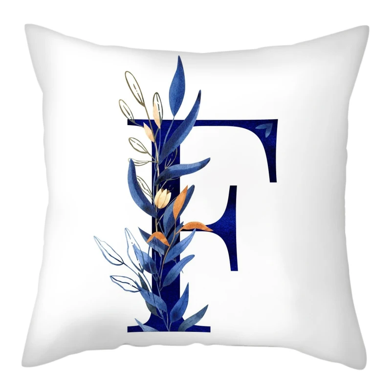 Simple Blue Leaf Alphabet Print Cushion Case 26 Letters Decoration Pillows Case Sofa Chair Livingroom Polyester Throw Pillowcase