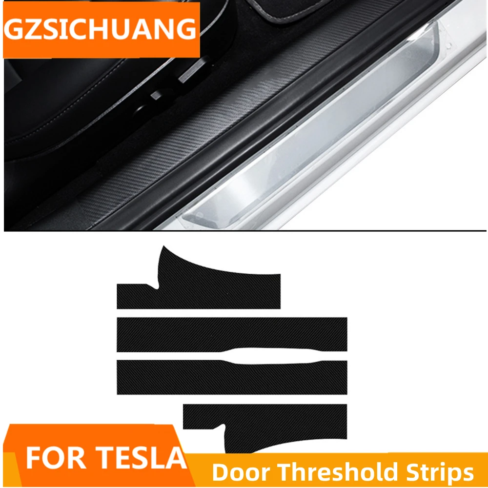 

4ps Door Sill Strip Scuff Plate Carbon Fiber PU Leather Car Styling Interior Sticker For Tesla Model 3 Model Y 2022 Accessories