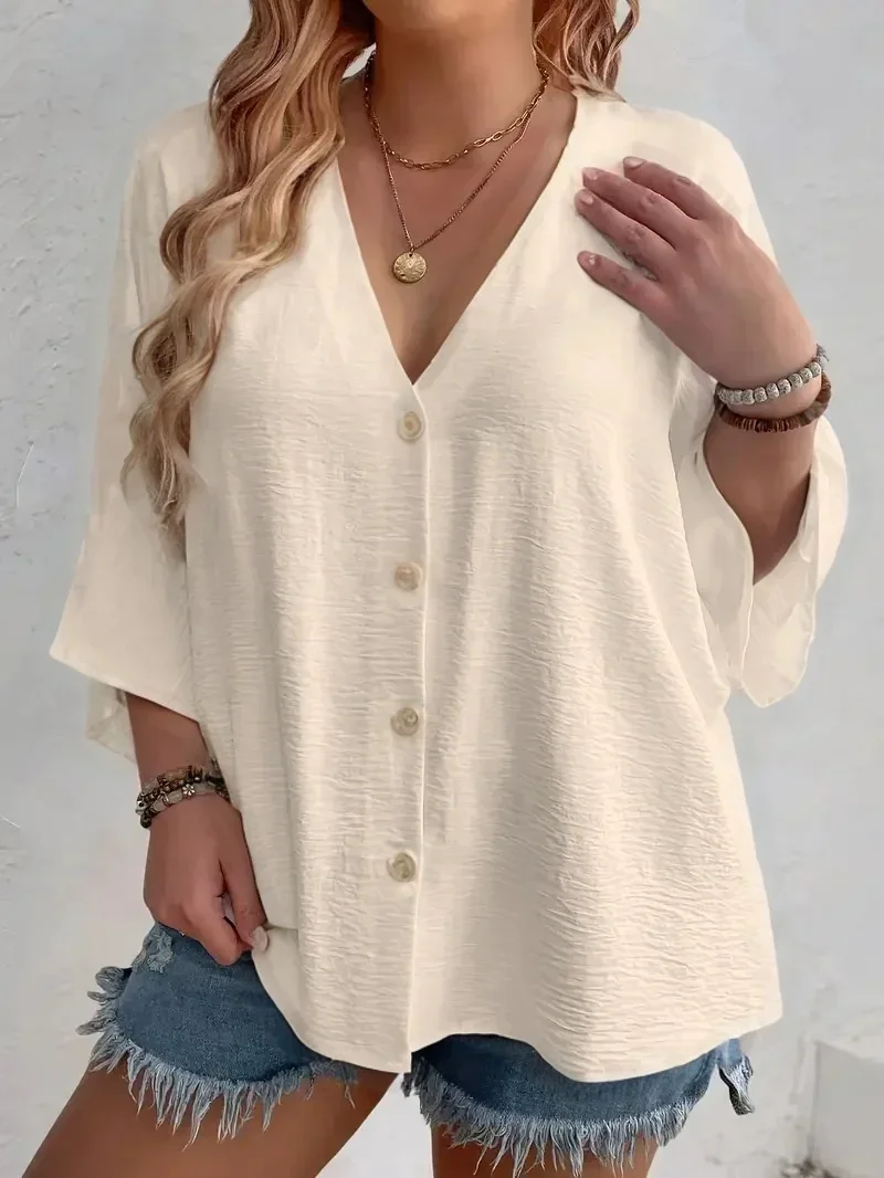 Women’s Plus-size T-shirt Solid Color Breathable Spring/summer V-neck Button Travel Casual Wear with European and American Style Best Sellers In Plus Sized Clothing Women’s Plus-size T-shirt Solid Color Breathable Spring/summer V-neck Button Travel Casual Wear with European and American Style Best Sellers In Plus Sized Clothing