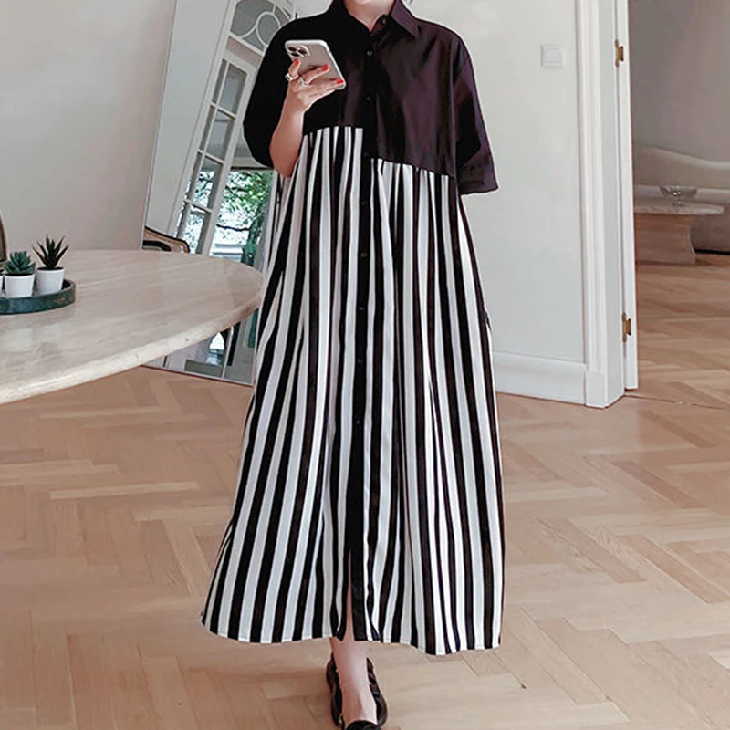 2022 new design vertical strip stitching dress French  sweet  Cotton  Casual  Straight  LOOSE  Button   vestido feminino