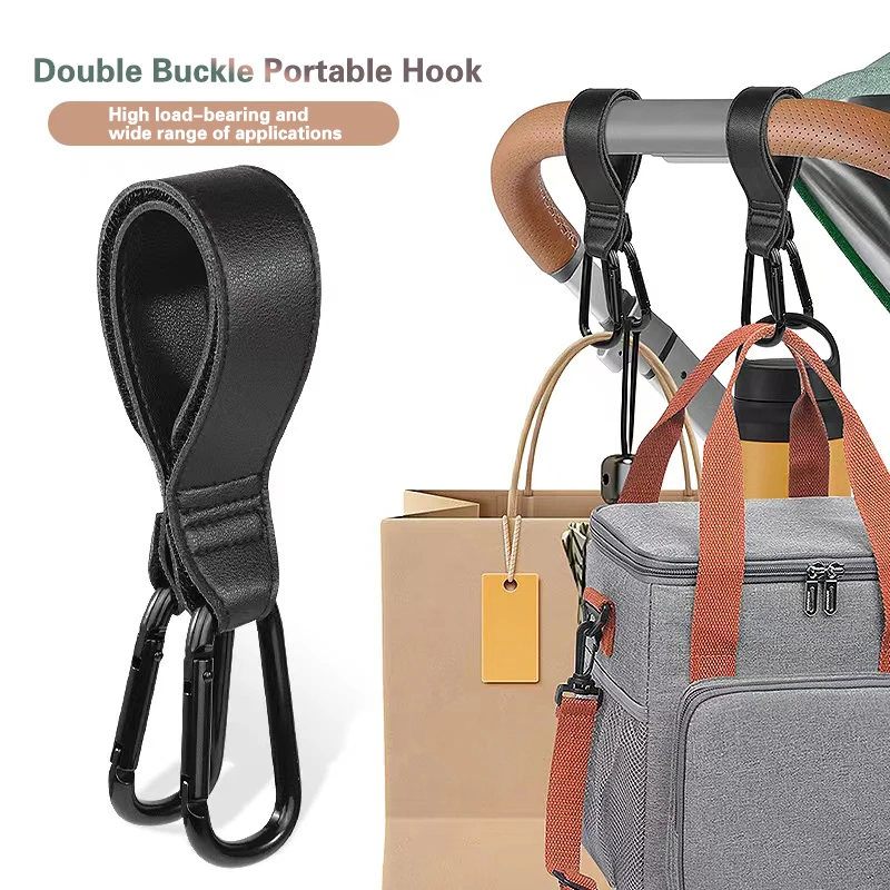 

Convenient Double Head PU Leather Baby Stroller Hooks Clips Stroller Accessories Aluminum Alloy Carabiner Hanging Diaper Bags