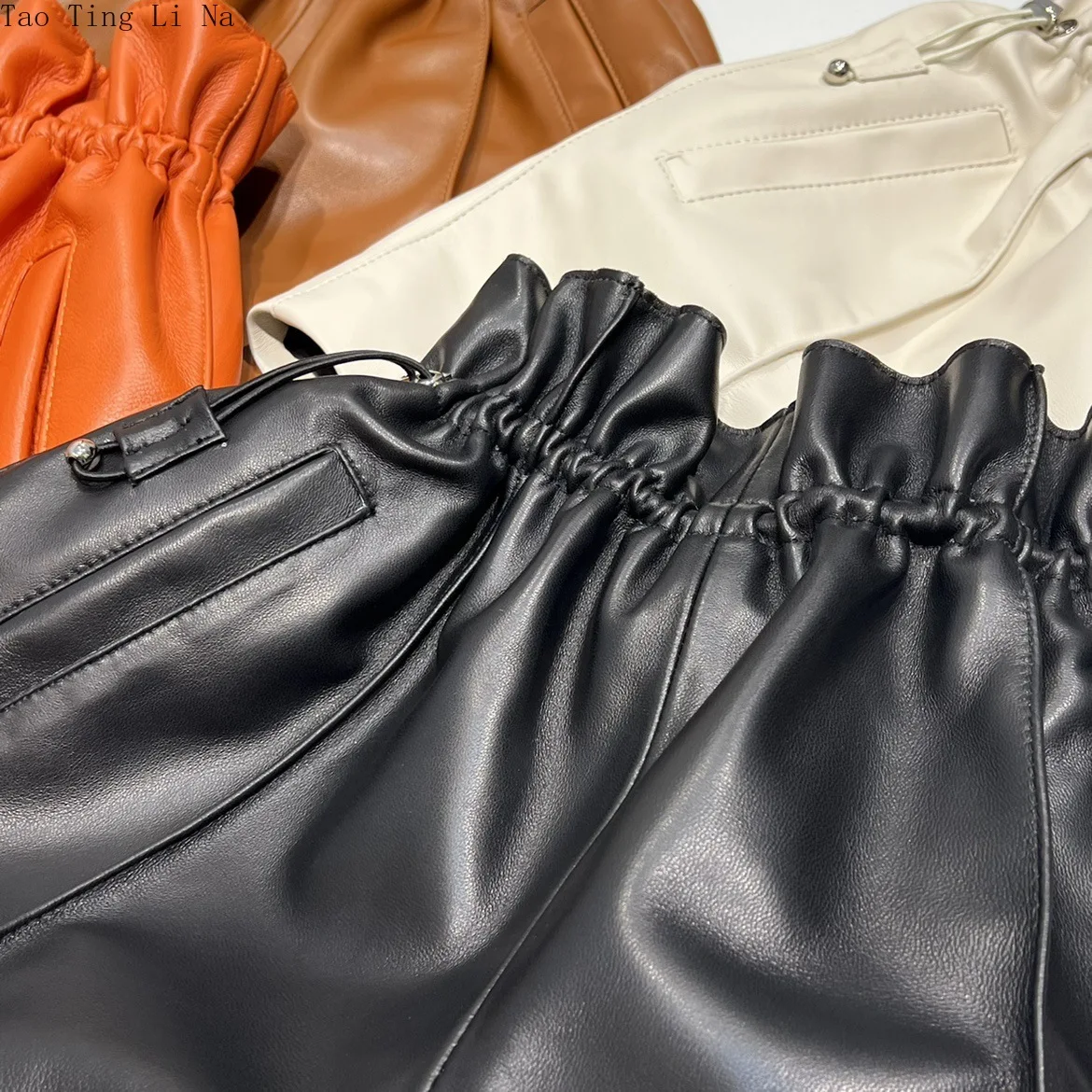 Tao Ting Li Na Autumn New Bud Drawstring Sheepskin Leather Shorts Elastic High Waist Wide Leg Shorts G14