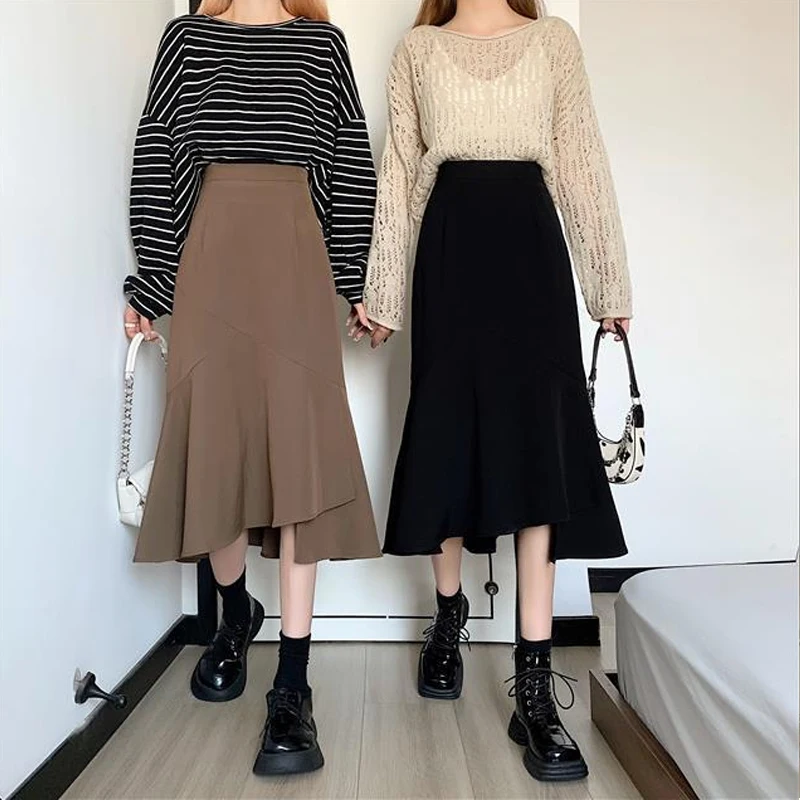 Korean Fashion Irregular Skirt Women Spring Autumn New High Waist A Line Black Long Trumpet Skirts Female S-XL