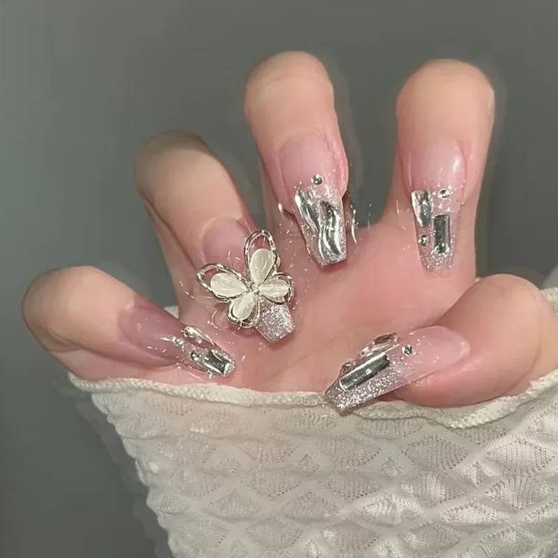 

24Pcs Wearing False Nails A Full Set Of Tools Is Included New Daily Hot Ins Style Butterfly Set With Diamonds