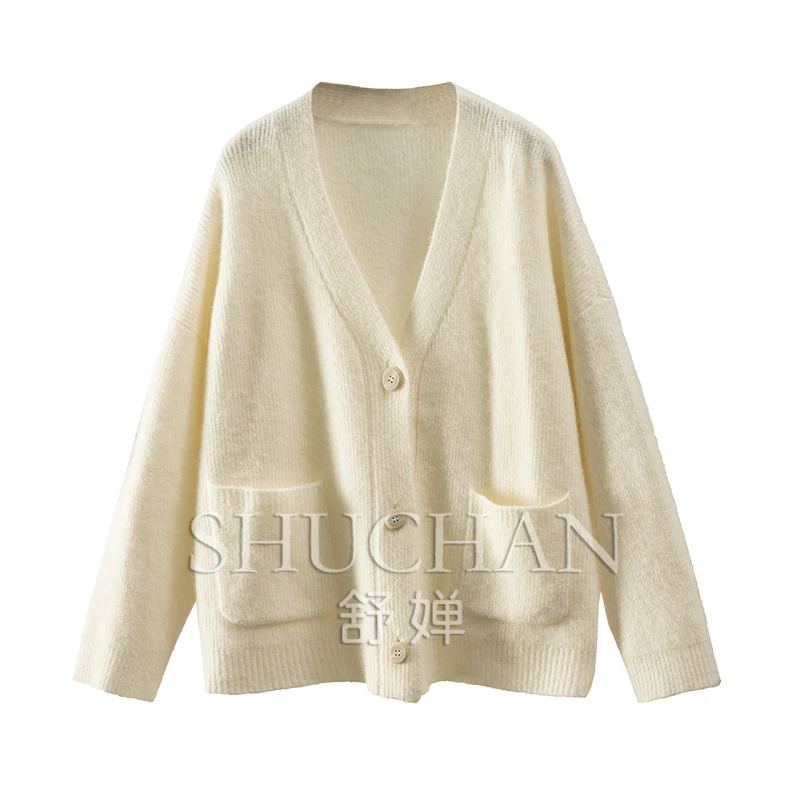 

32% alpaca 32% Merino wool knitted cardigan sweater mujer Pockets Korean Loose Fit casaco feminino sweater women