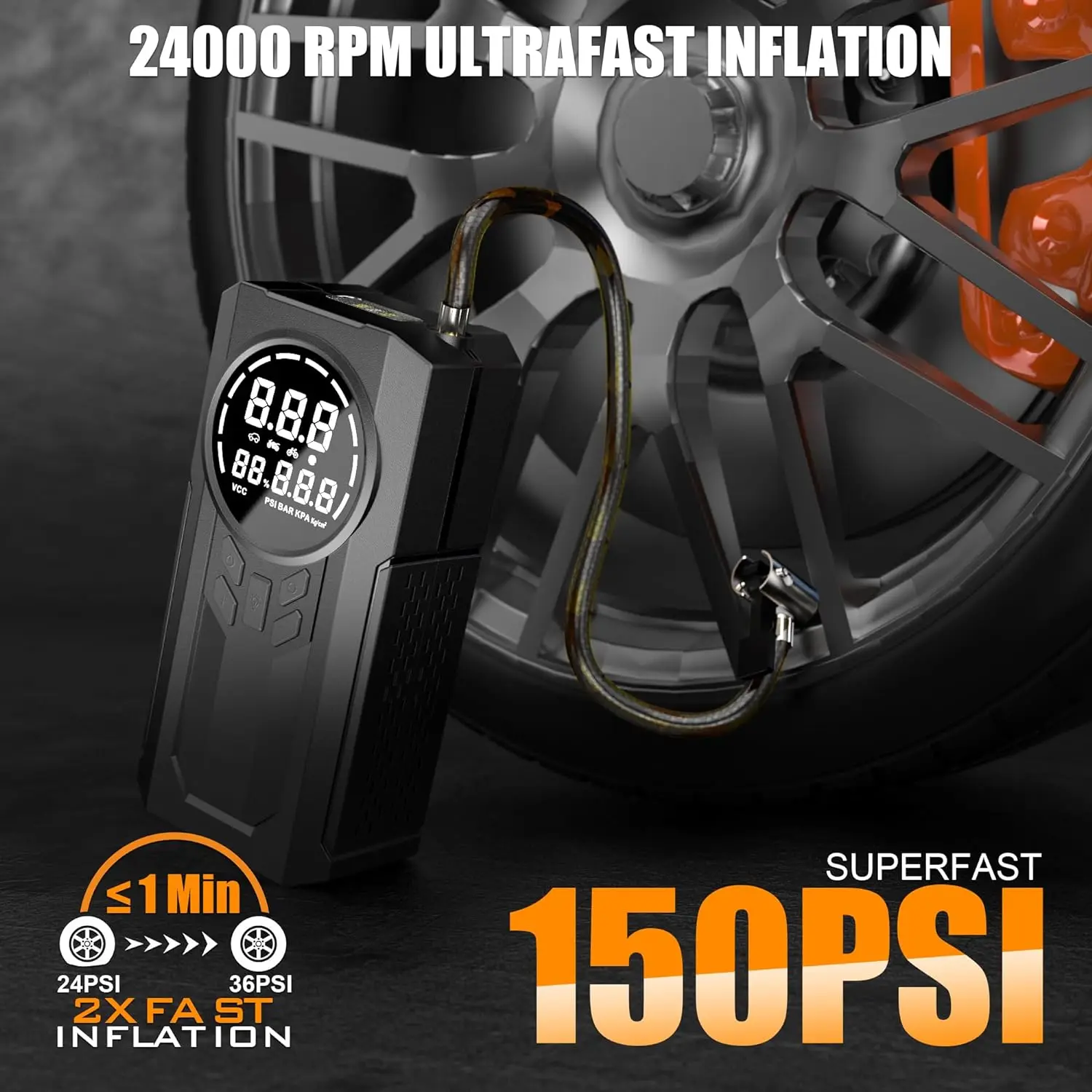 Jump Starter with Inflator Wireless Car Tire Inflator Inflating Pump Portable Auto Stop 150PSI Emergency Power Supply