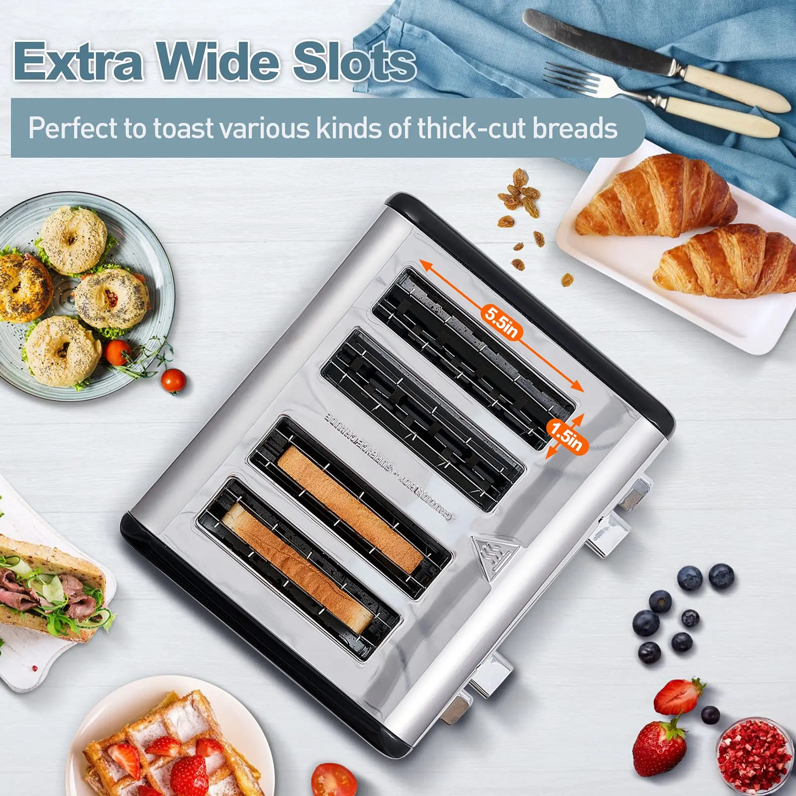 4 Stainless Steel Toaster,LED Display & Extra Wide Slots,6 Shade Settings,Cancel/Bagel/Defrost Function,Removable Crumb Tray 3
