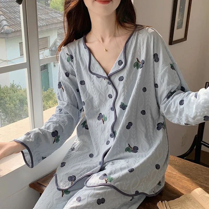 Autumn Winter Women's Cotton Pajamas Long Sleeve Cardigan Pants Loose Fit Oversized Jacquard Home Clothing Set Sweet Sleepwear