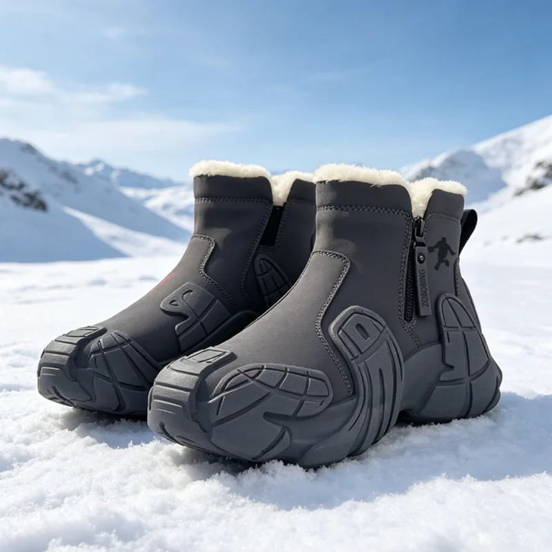 Warm Winter Boots for Men, Sizes 39-47, with Fleece Lining, High-Top, Versatile, Round-Toe, Thick-Soled, Lightweight Cotton Shoes, Trendy Outdoor Snow Boots - 2