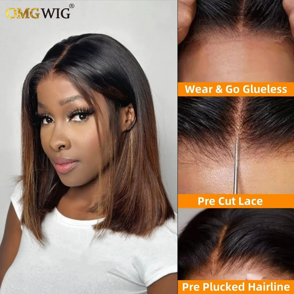 Brown Ombre Pre-Cut Lace Shoulder Lengh Straight Bob Human Hair Wig 360 Lace Glueless Wig With Natural Hairline Brazilian Remy