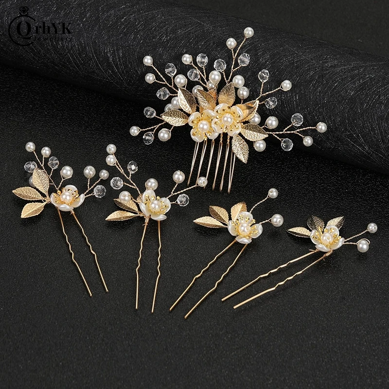 

5Pcs/set Pearl Flower Hair Accessories Hairpin Leaf Shaped Alloy Tiaras Wedding Bride Insert Hair Clips Hair Jewelry Bride Headw