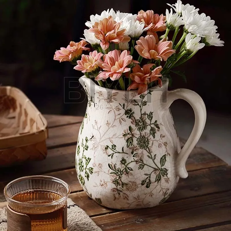 Ceramic Large Flower Pot with Handle Round Hydroponic Vase Pastoral Style Ornament For Home Decor Living Room Flower Arrangement 5