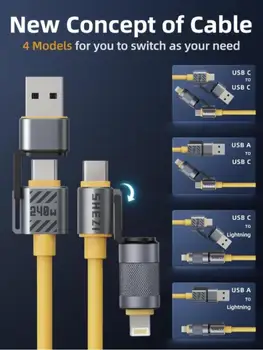 Max 240W 4 in 1 Fast Charging CableTwo Drag Two Charging Cables with USB-A/Type-C/Lightning for Samsung Galaxy Phone Accessories 2