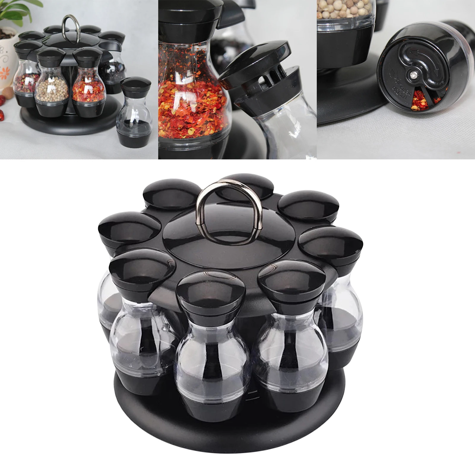 Rotating Spice Rack 8/16-Jar Herbs Seasoning Condiment Jars Lid